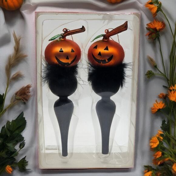 Rare Halloween Jack-o'-Lantern Glass Ornaments - Pumpkin Face & Feather Accents - Picture 1 of 7